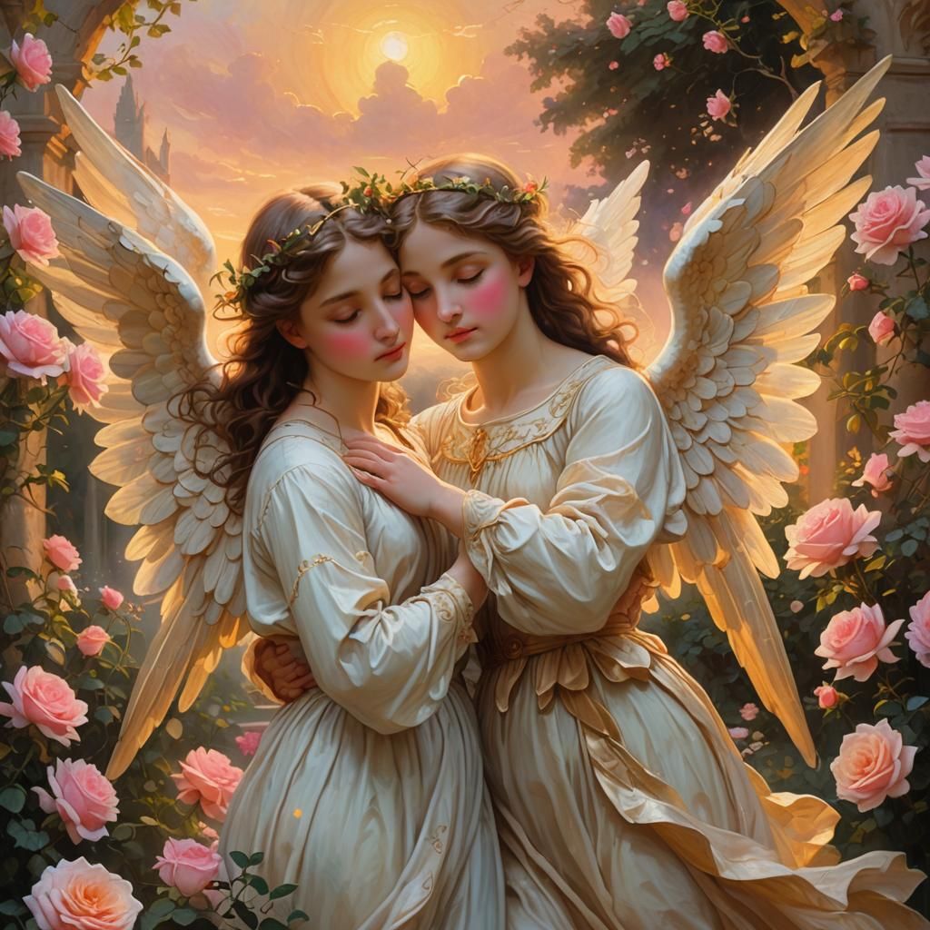 Angels Embrace in Rose Garden, Oil Painting