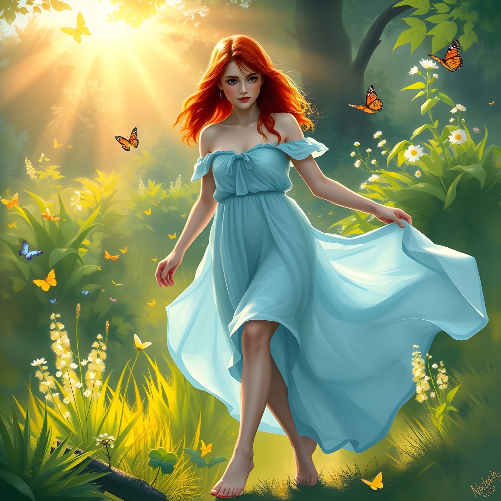 Redhead in Sundress in Sunlit Forest