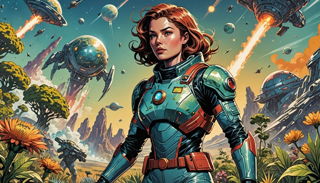Superheroine on Alien Planet in Comic Book Style
