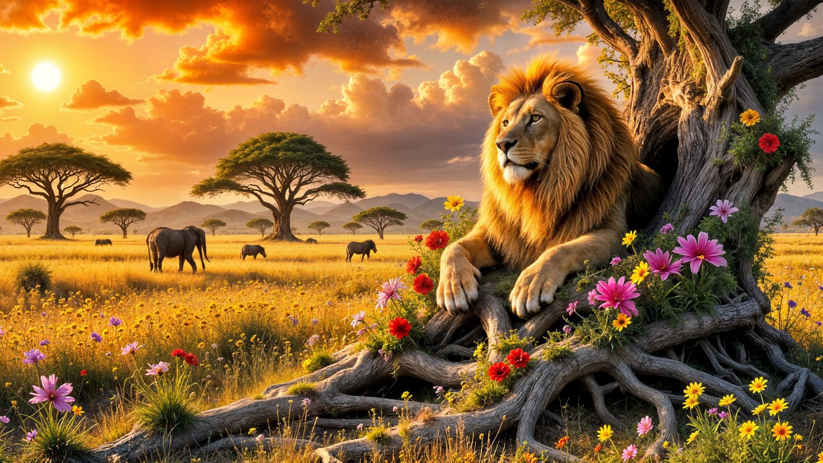 Majestic Lion King on Floral Throne