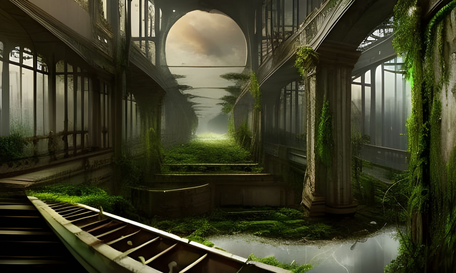 Overgrown Abandoned Mall: Color Ink Drawing