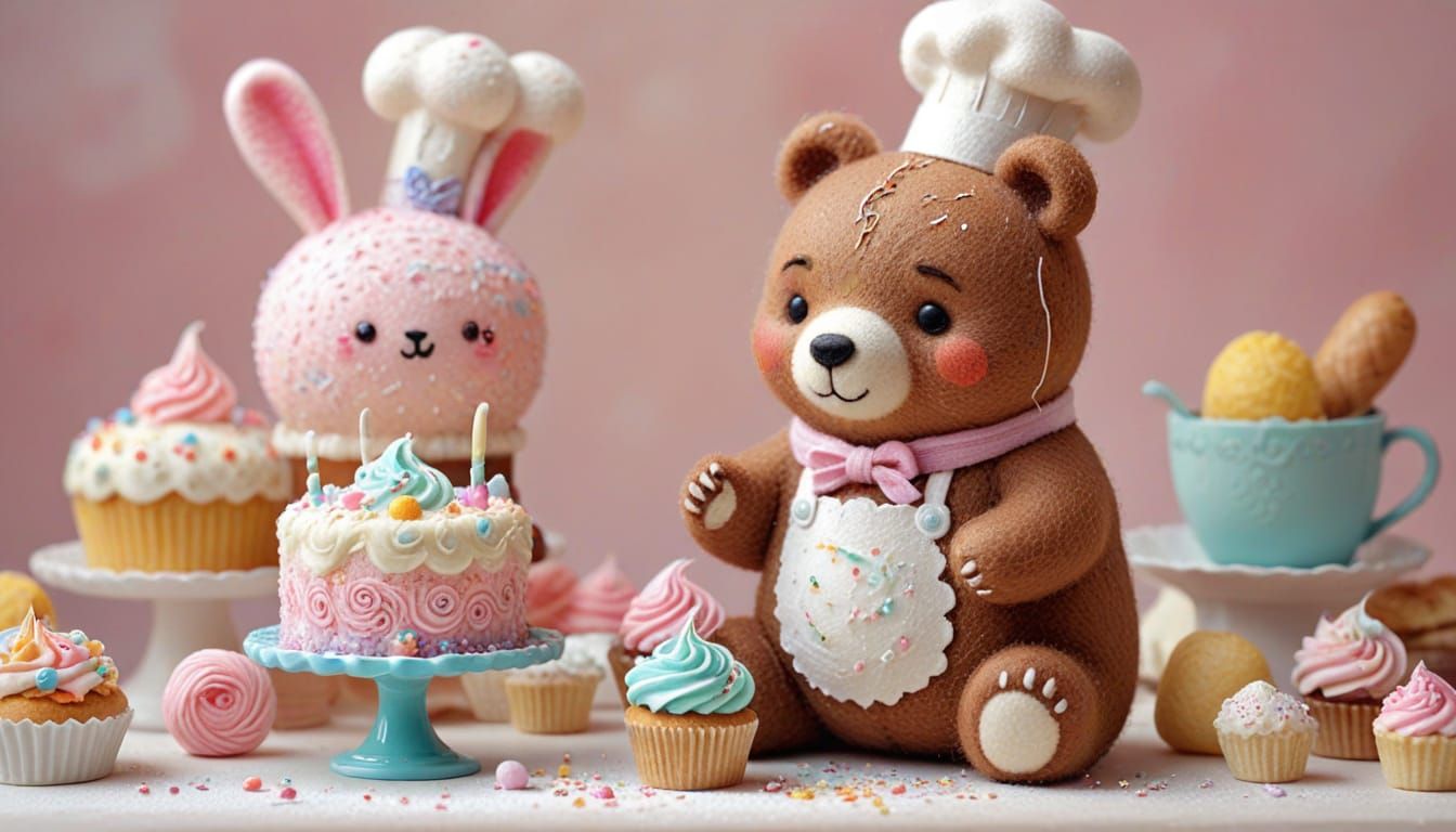Kawaii Felted Bear Chef Frosting Cake in Pastel Colors
