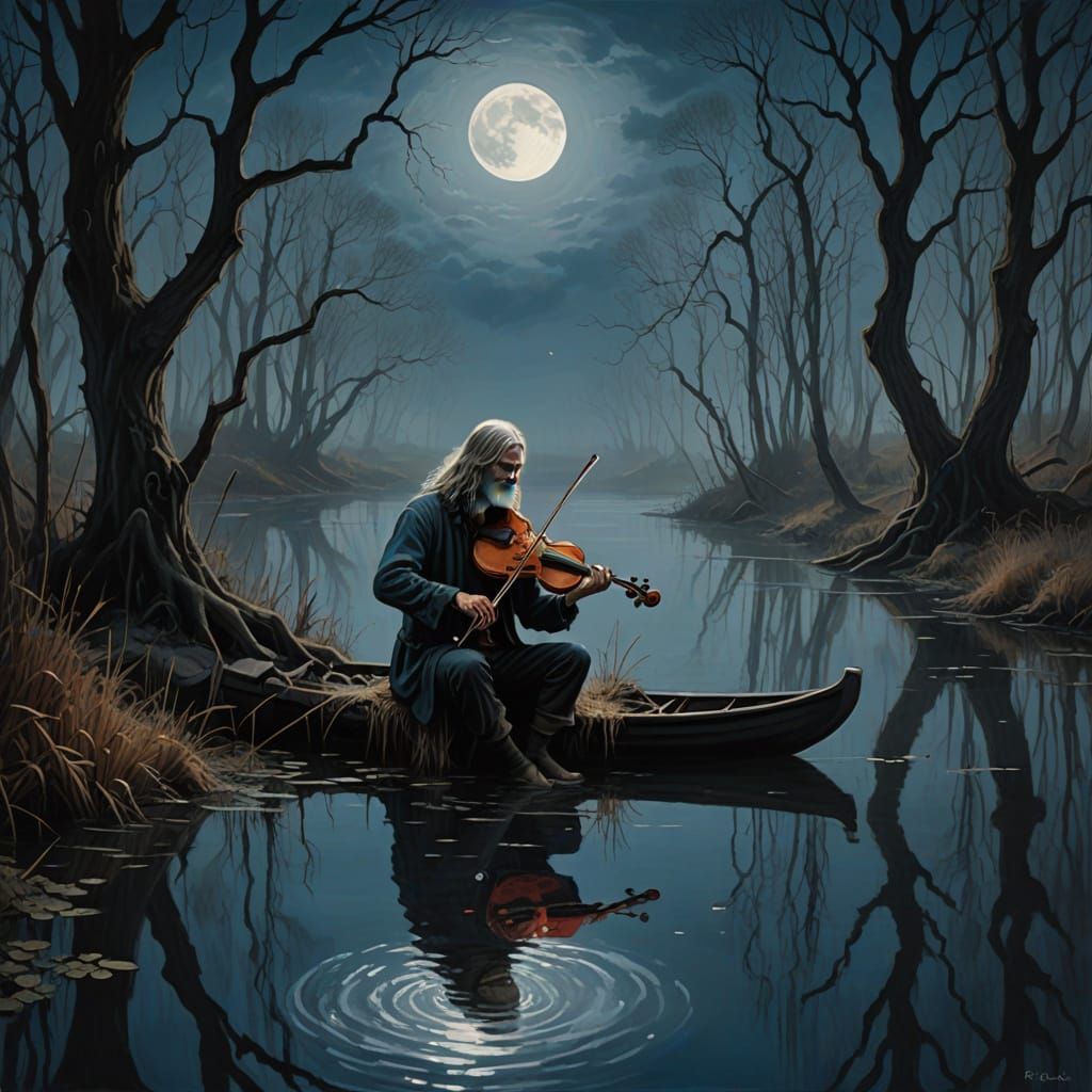 Nordic Water Spirit Playing Violin at Midnight