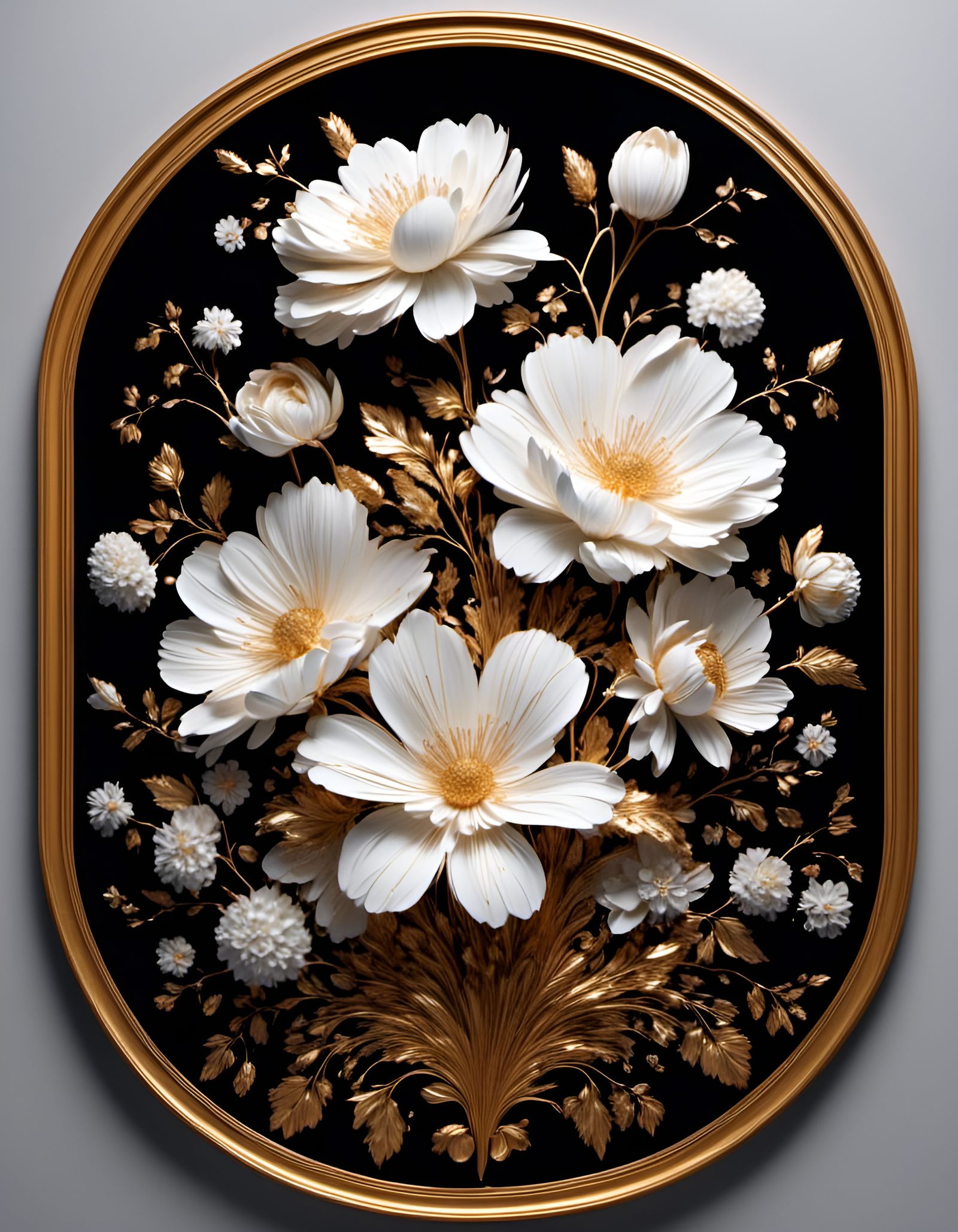 White Flowers on Black Background, in Relief Style