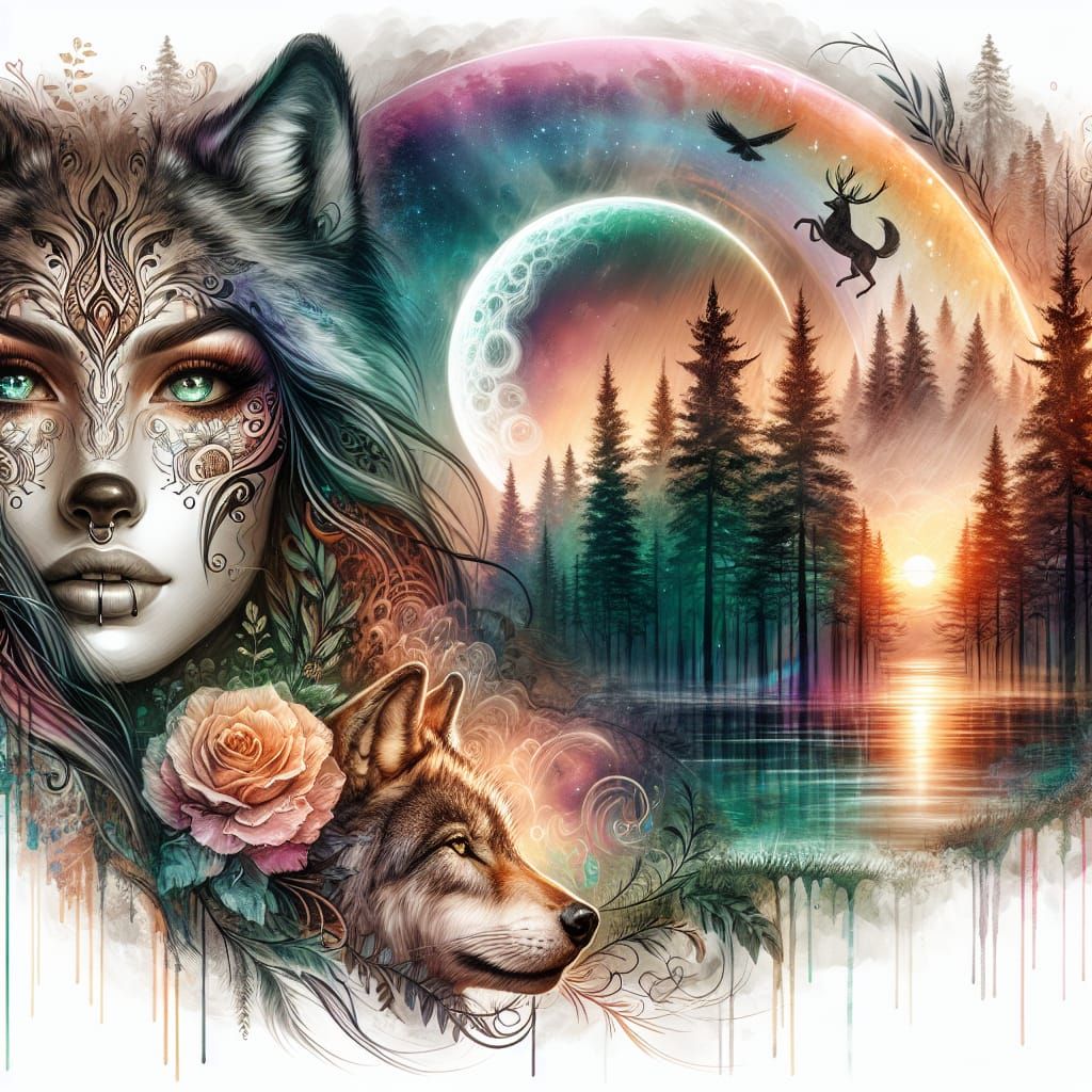 Double Exposure: Wolf, Forest, Moonbow, and Rain