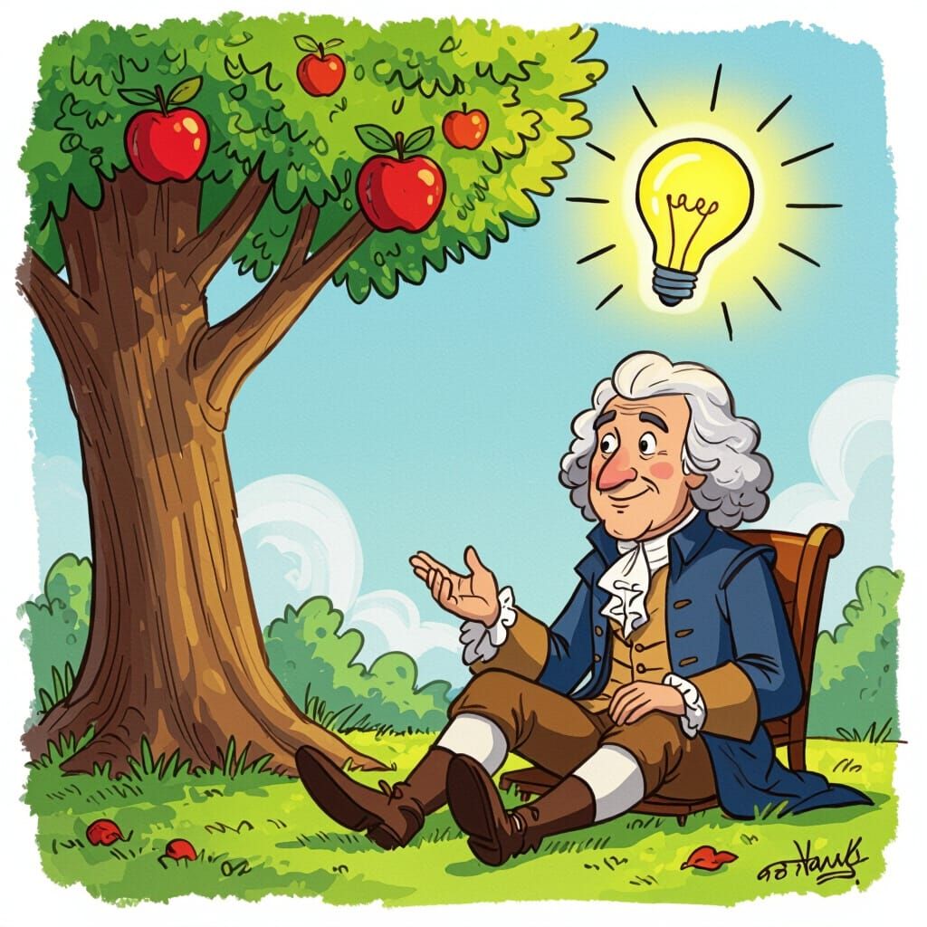 Newton's Eureka Moment: Whimsical Cartoon Illustration