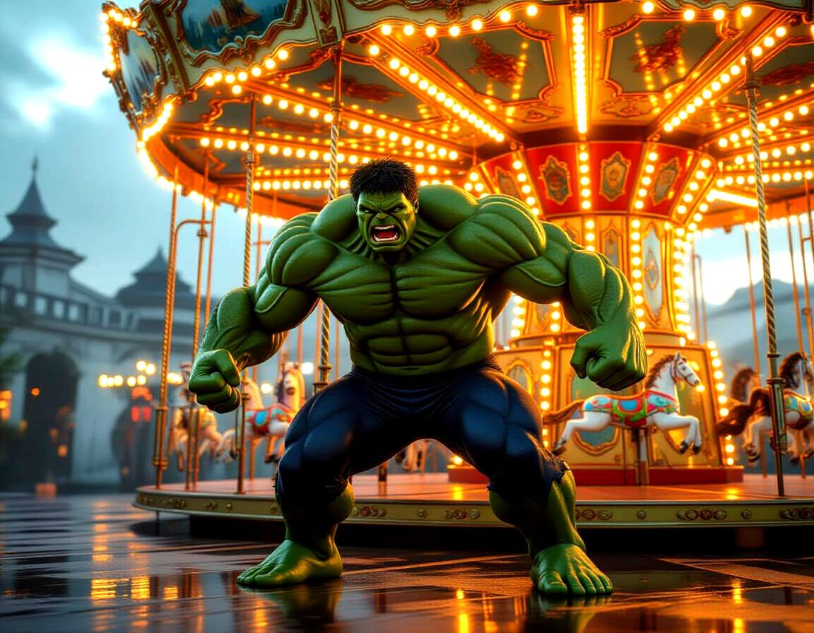 Hulk's Epic Fury: Smashing Merry-Go-Round in Sci-Fi Style