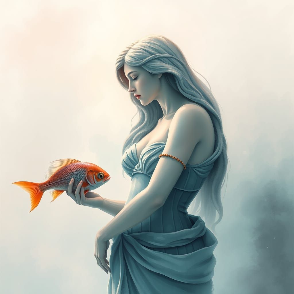 Aphrodite Talking to Fish in Cyberpunk Watercolor