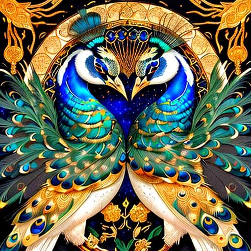 Luxurious Dark Cosmic Night Scene with Gold Leaf Peacocks