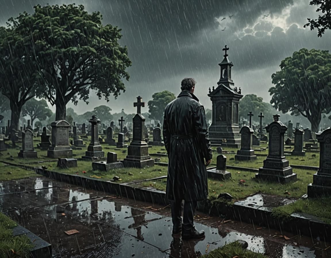 Mourning Man in Rainy Cemetery: Digital Matte Painting