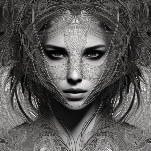 Zen Tangle Feather Mandala in Grayscale Portrait