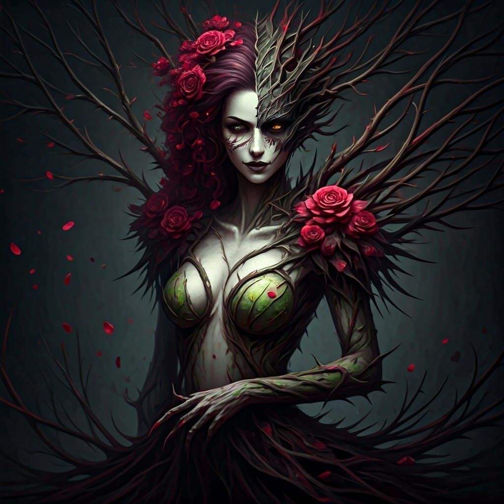 Dangerous Dryad Cloaked in Thorns and Crimson Petals