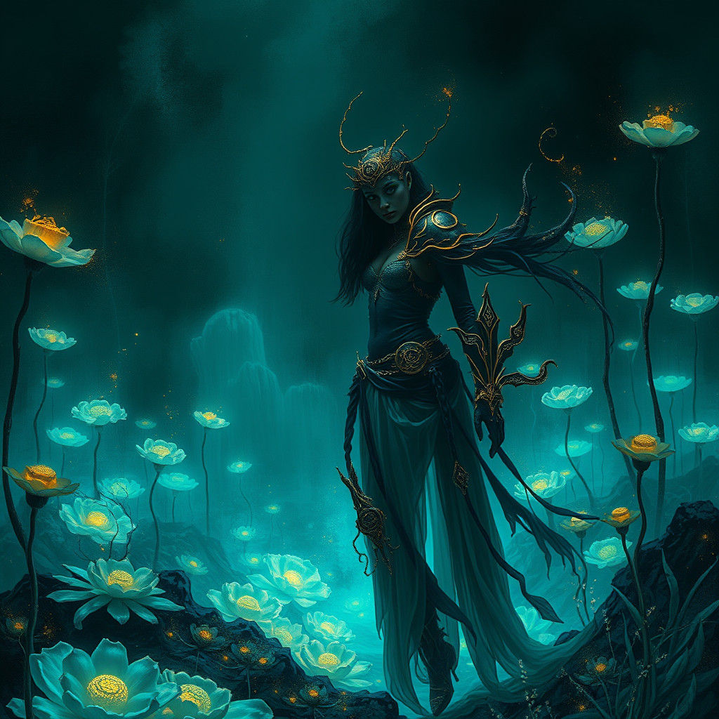 Dreamlike Woman in Mystical Bioluminescent Landscape