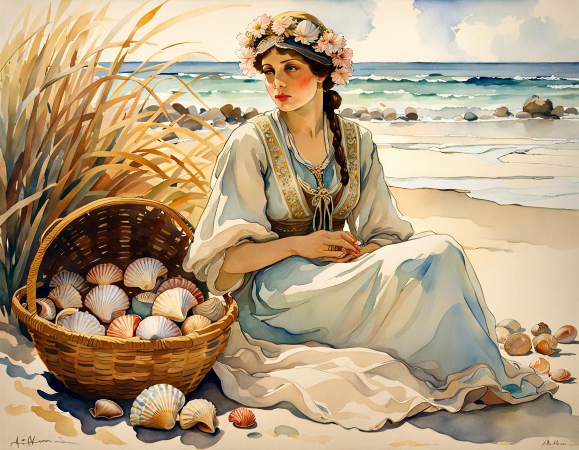 Breton Shell Fisherwoman in Art Nouveau Style