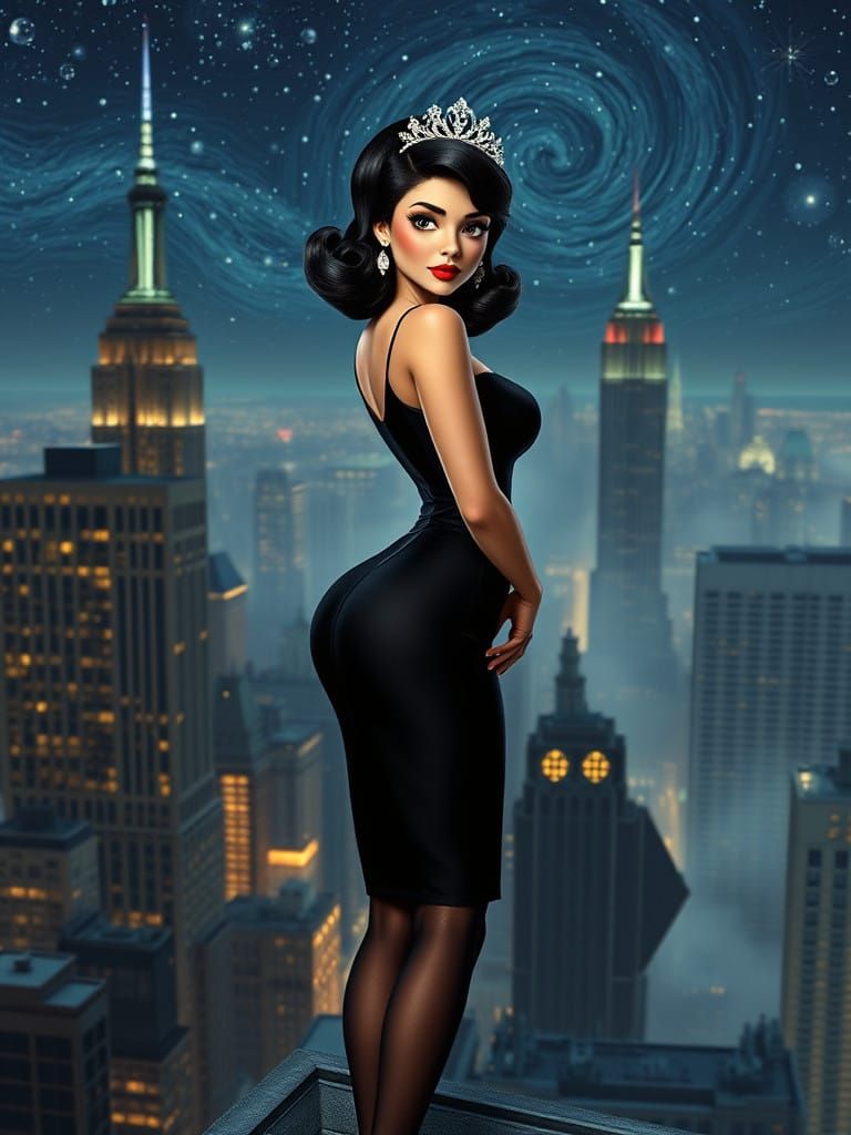 Pixar-Inspired Dark Beauty on Rooftop Skyscraper