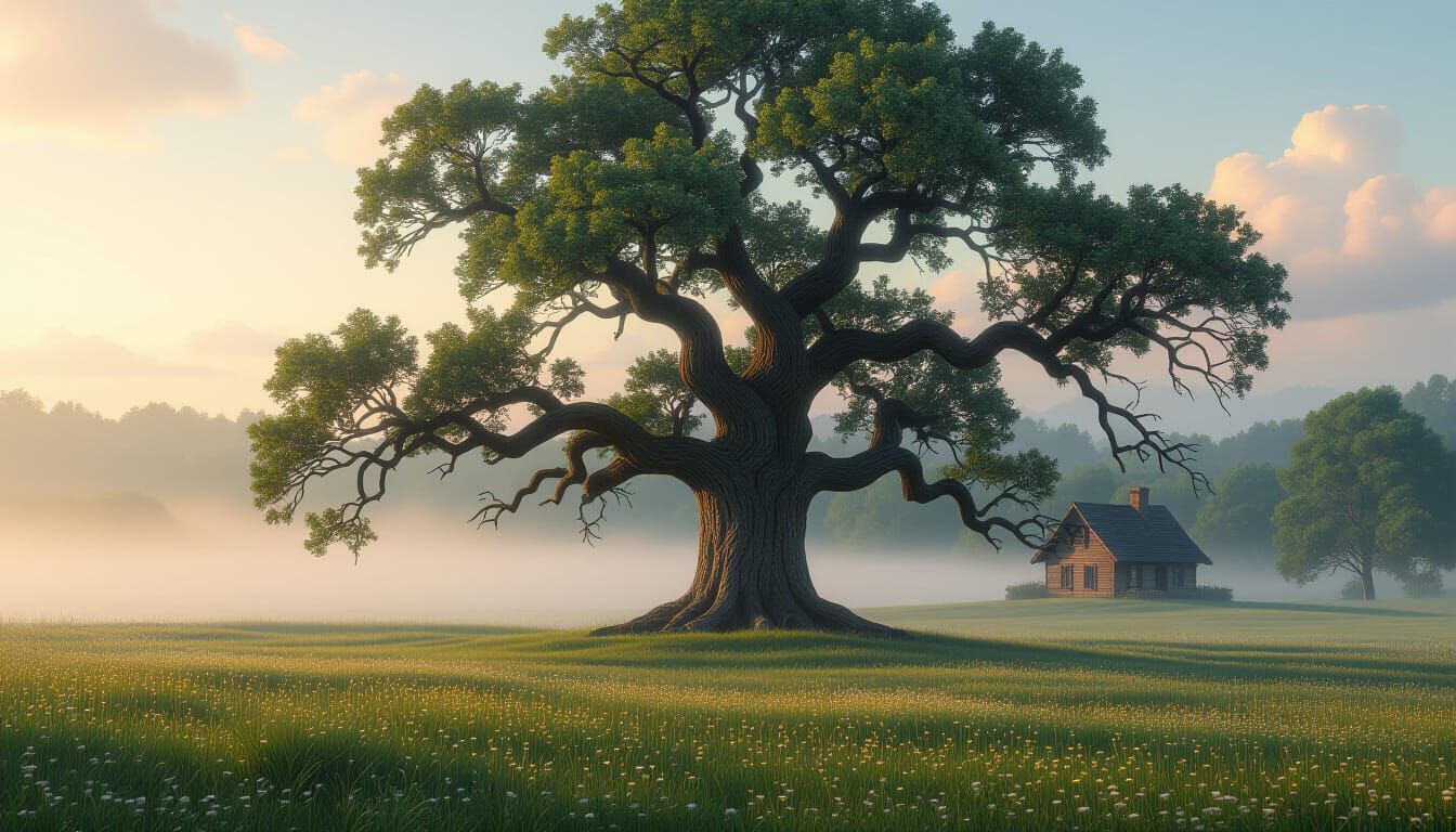 Majestic Ancient Oak Tree in Misty Meadow