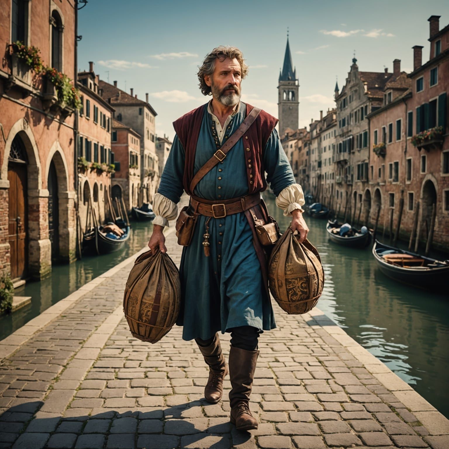 Renaissance Man Walking City Street with Canals