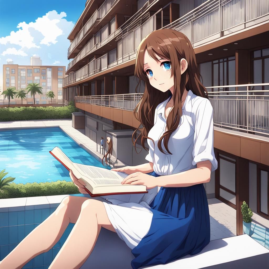 Girl Reading by Pool in Anime Style