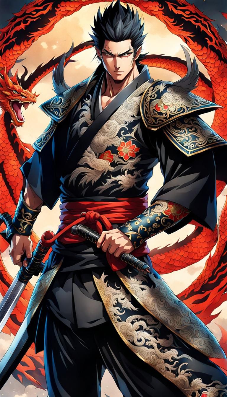 Japanese Warrior with Dragon Tattoo in Anime Style