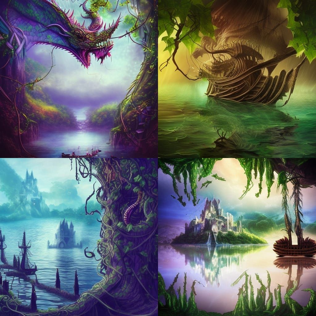 Fantasy City with Dragon and Pirate Ship