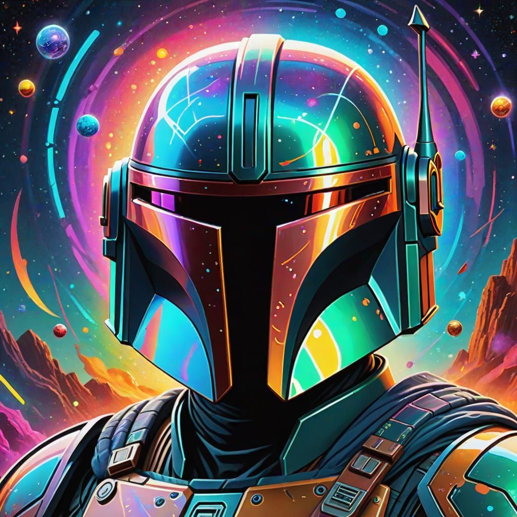 Mandalorian Headshot in Vibrant Cosmic Art Style