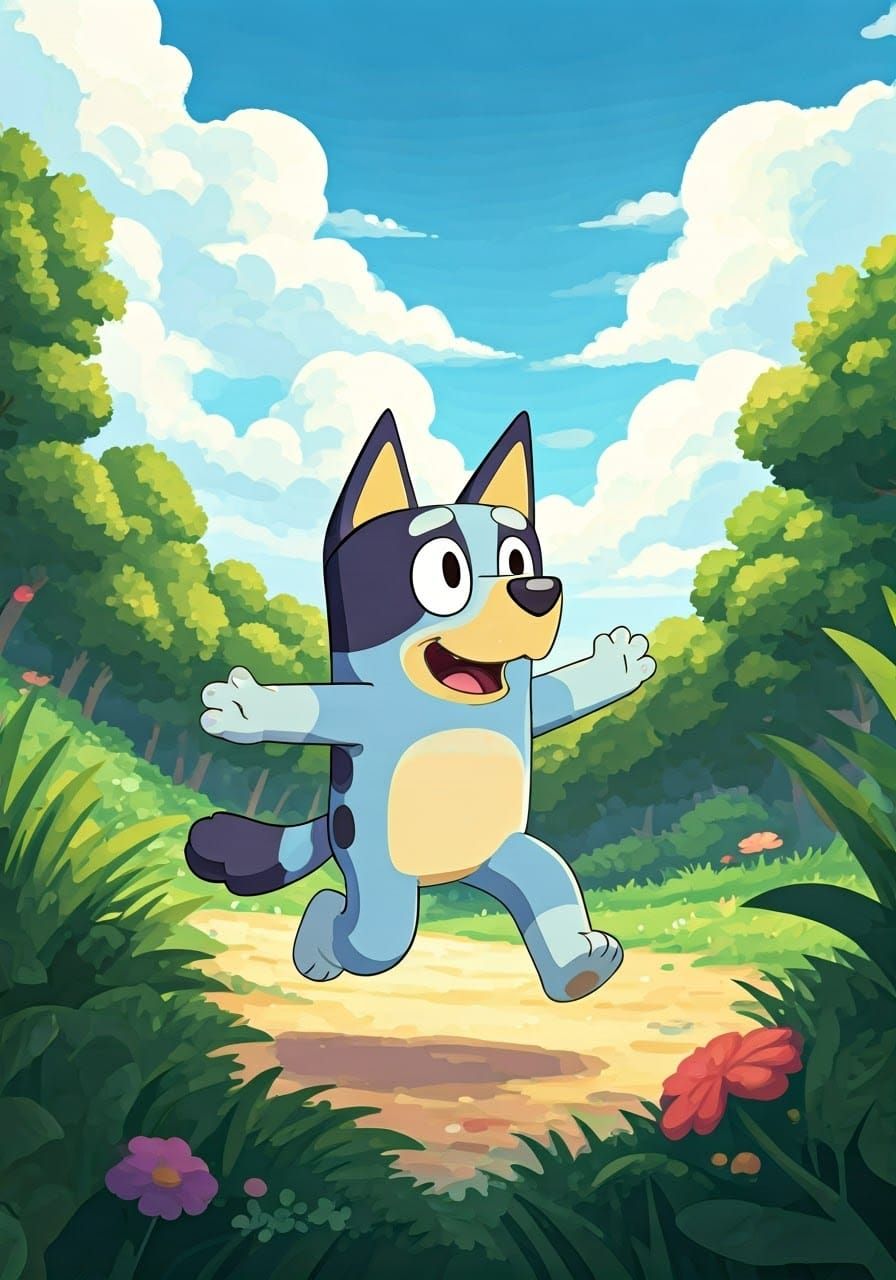 Bluey Runs Through Tropical Landscape