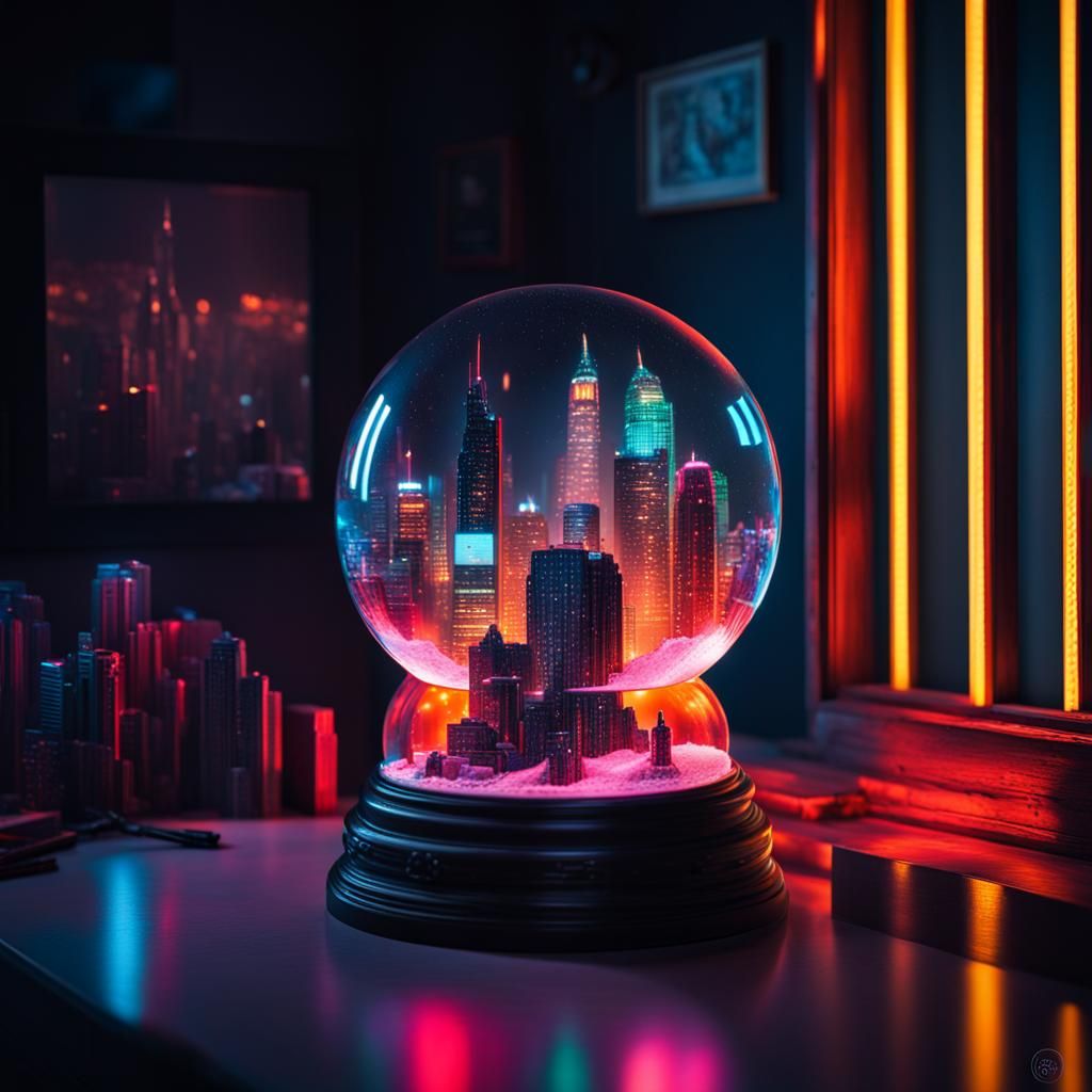Cyberpunk City in Snow Globe, Photorealistic Art