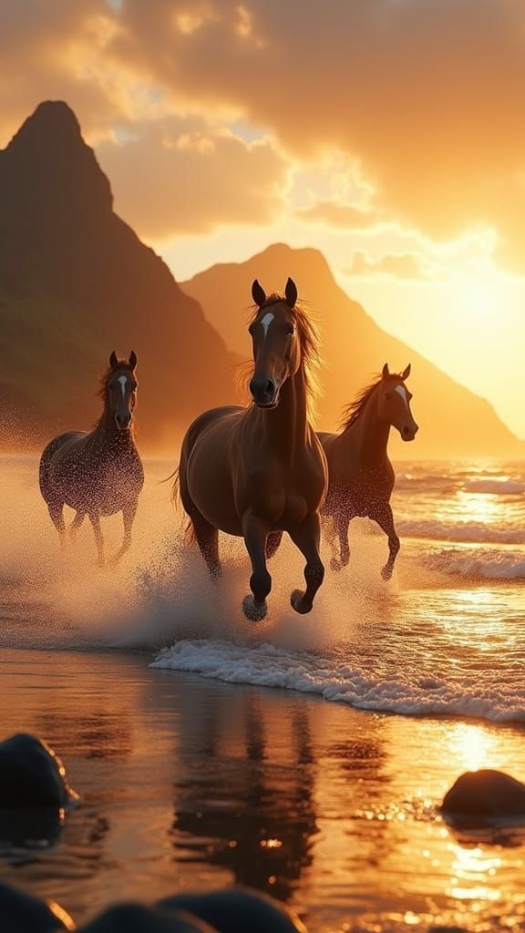 Golden Horses Galloping in Ocean Surf at Sunrise