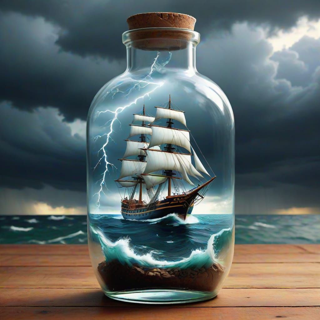 Ship Trapped in a Realistic Stormy Bottle