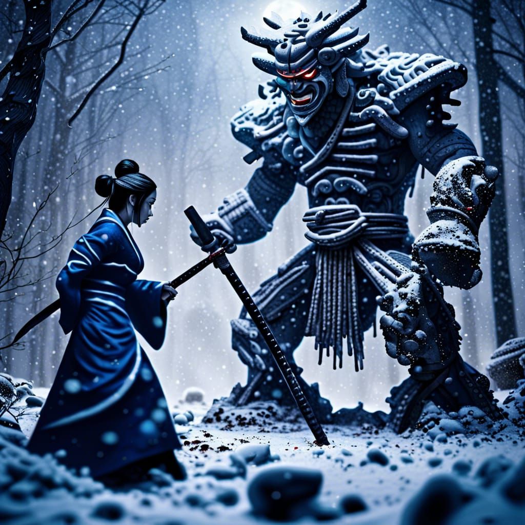 Epic Battle: Stone Golem vs Geisha in Winter Forest