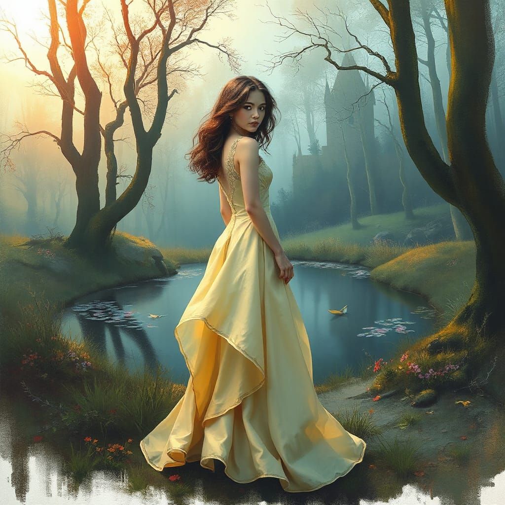 Woman's Glitched Portrait in Ethereal Landscape