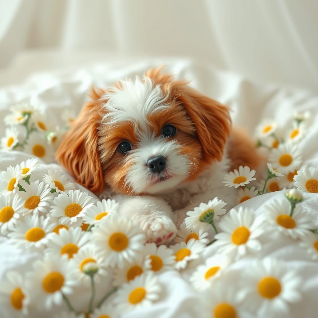 A whimsical illustration of a fluffy red-and-white dog lounging on a bed covered with white flowers, surrounded by cheer...