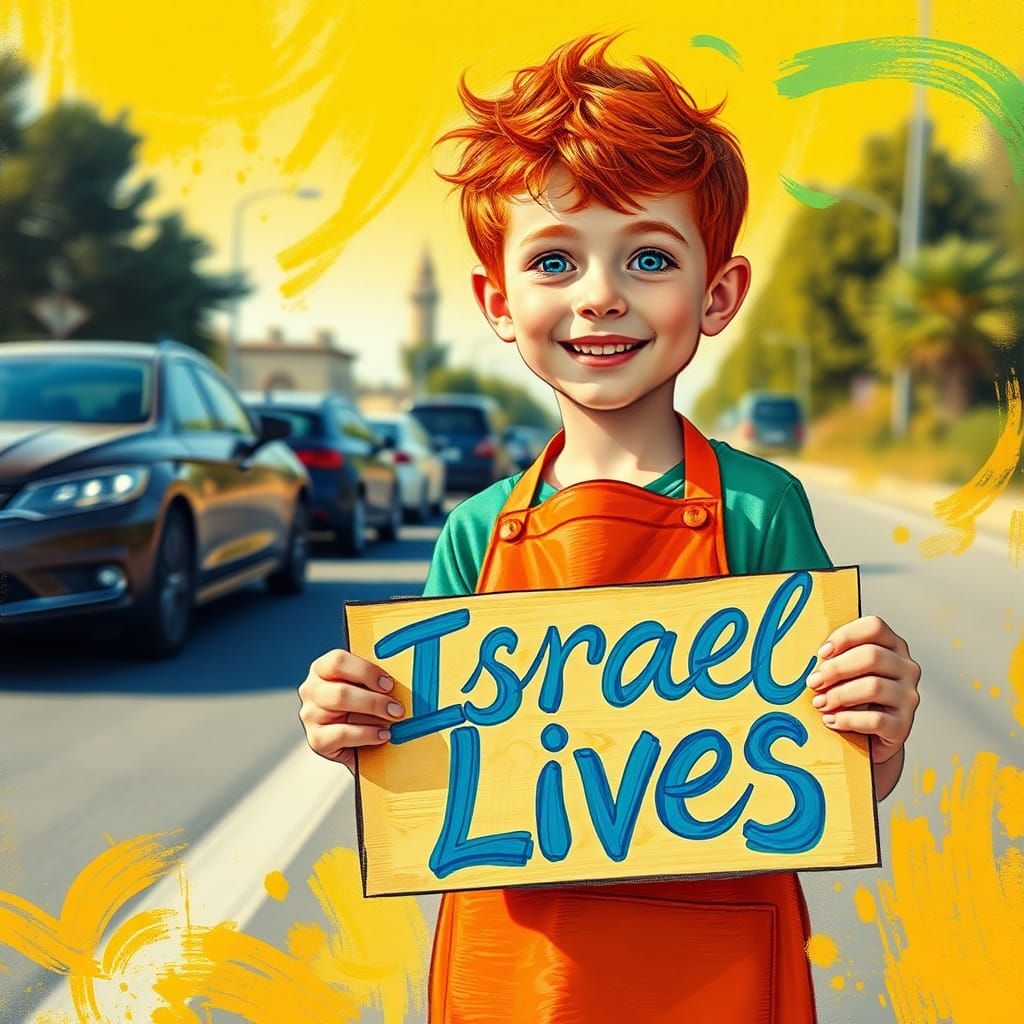 Boy Handing Out Cookies with Israel Sign, Expressive Art