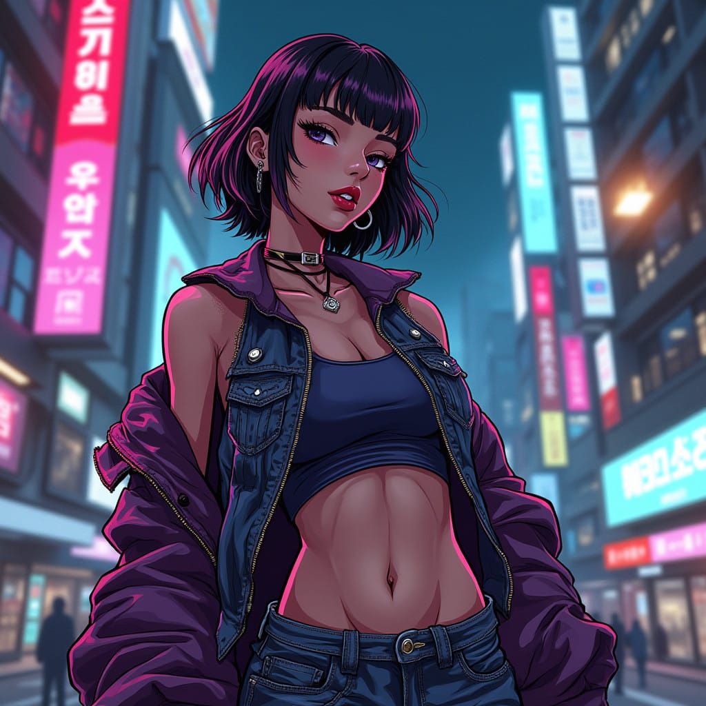 Jenko jean wearing Korean hip-hop dystopian future, gorgeous face, decked out, 1990's Anime
