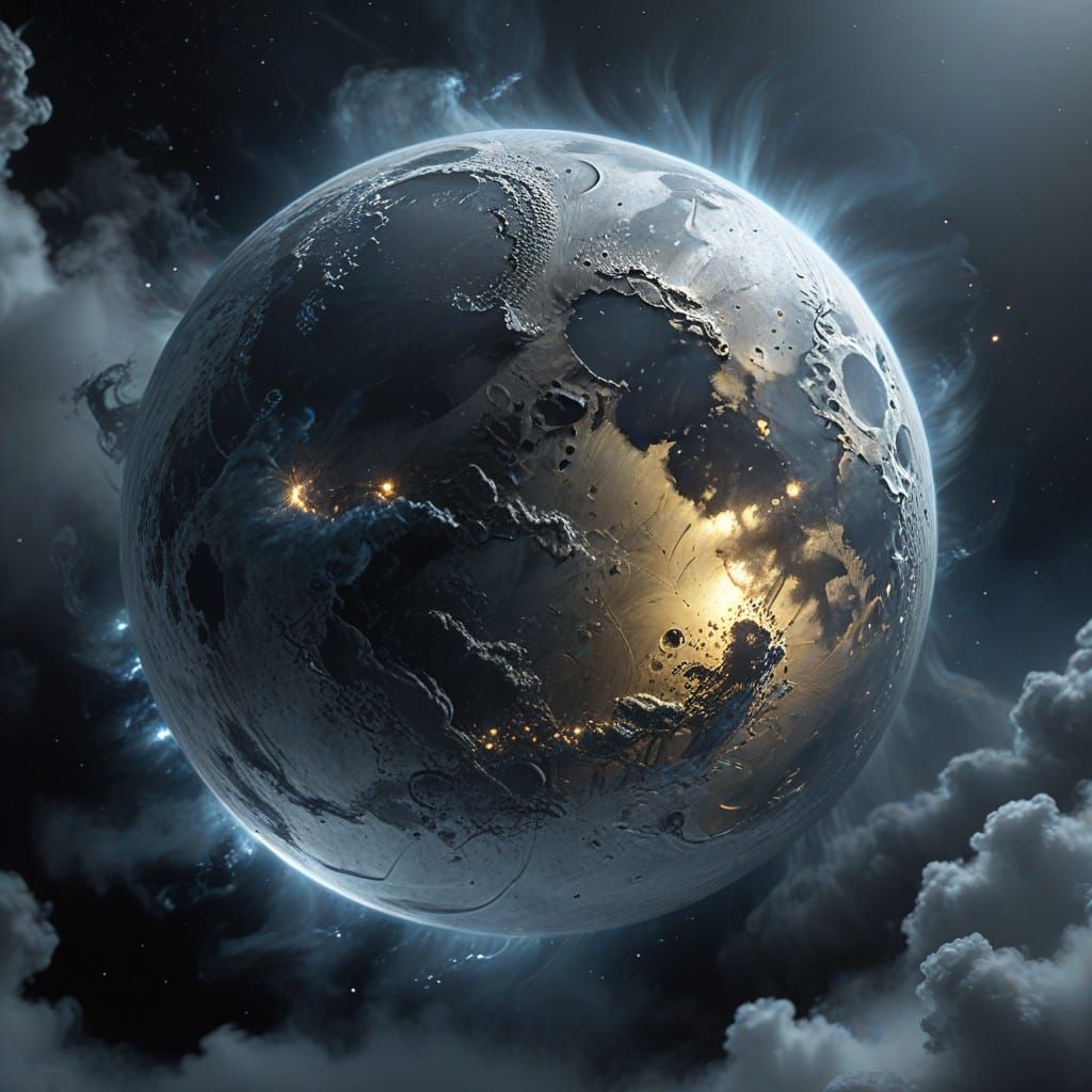 Silver Full Moon with Golden Halo in Dark Sky