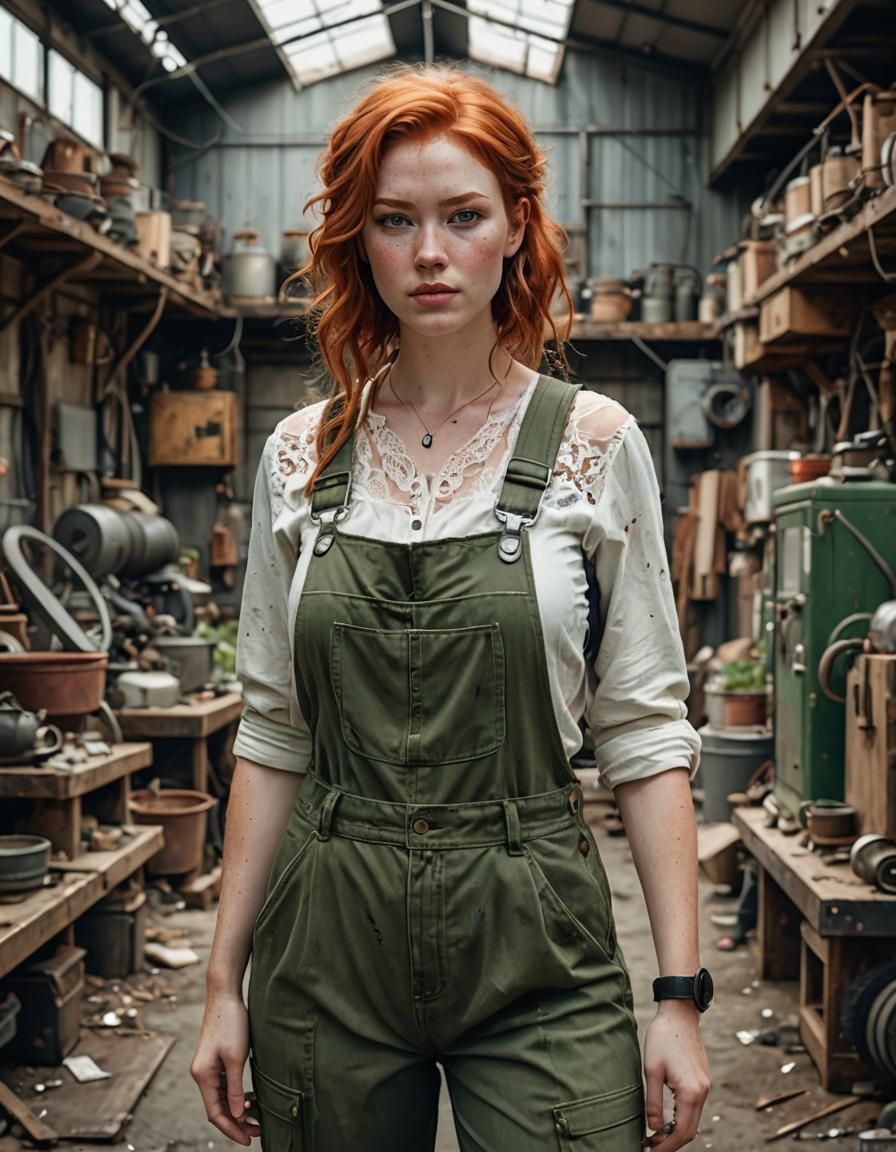 Post-Apocalyptic Redhead in Garage: Hyper-Detailed Acrylic P...