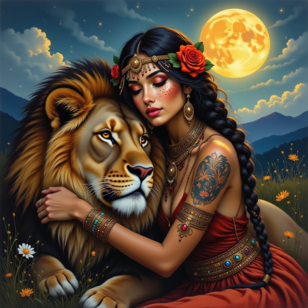 Tribal Woman and Lion under Moonlight, Fantasy Realism