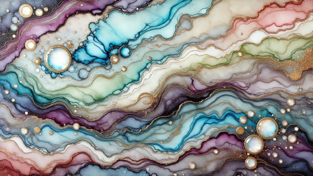 Abstract Turquoise, Gold, and Silver Alcohol Ink Swirls