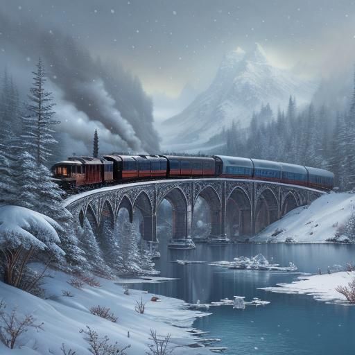 Snow Globe Fantasy Landscape: Frozen Lake and Train