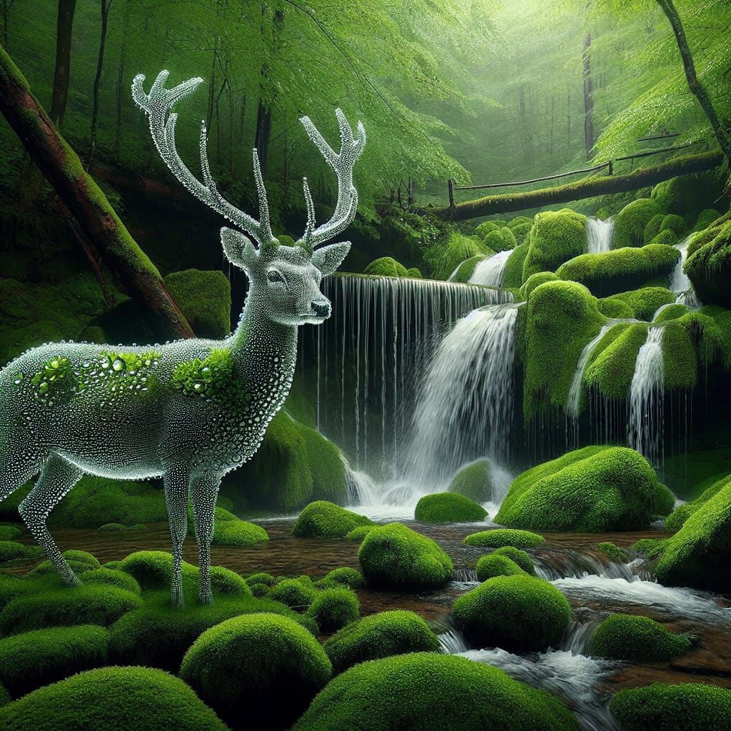 Dew Deer by Mossy Waterfall in Forest