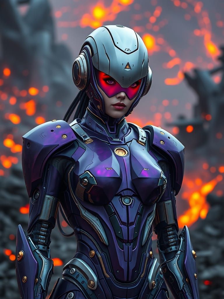 Futuristic Robot in Fiery Landscape, Cyberpunk Style