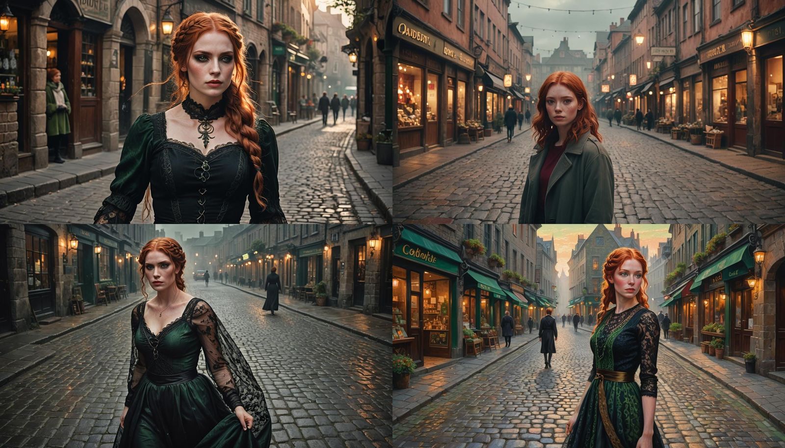 Redhead in Lace Dress on Cobbled Street