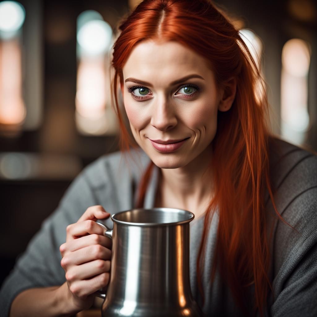 Intense Slavic Woman Drinks From Tankard