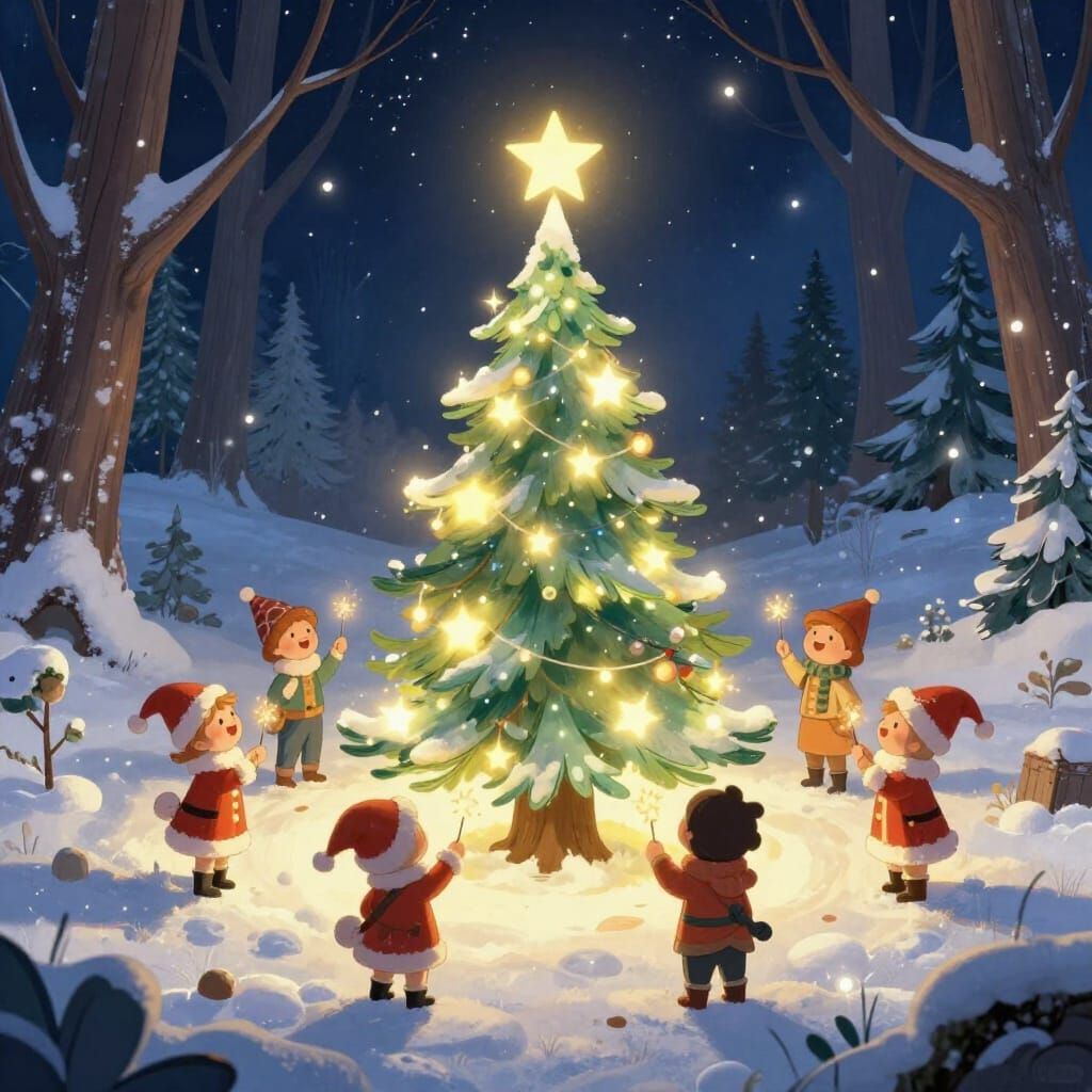 Magical Christmas Carol Scene in Enchanted Forest