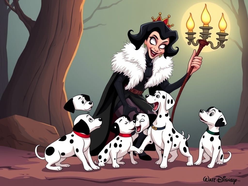Cruella De Vil Cartoon Illustration in Disney Style