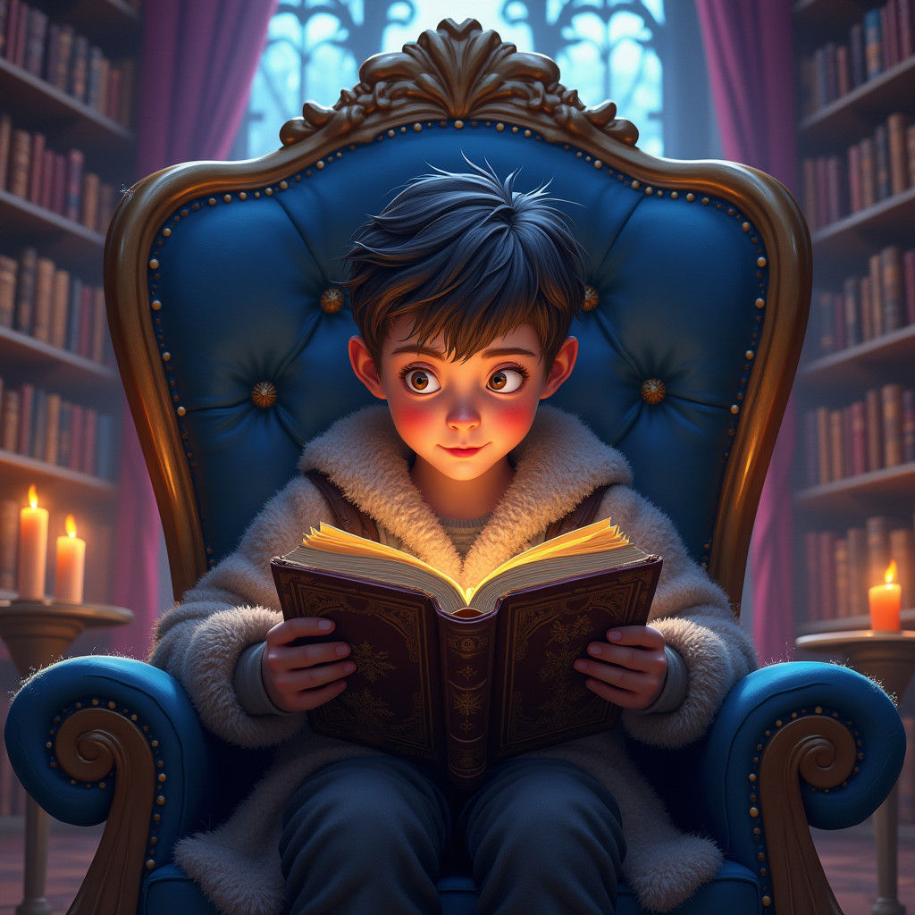 Boy Reading in Magical Library, Fantasy Art