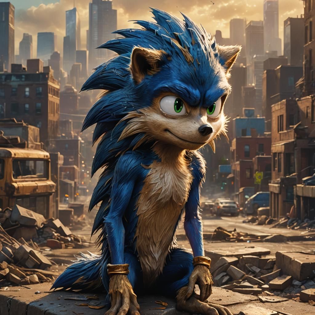 Exhausted Sonic in Cityscape: Hyperrealistic Concept Art