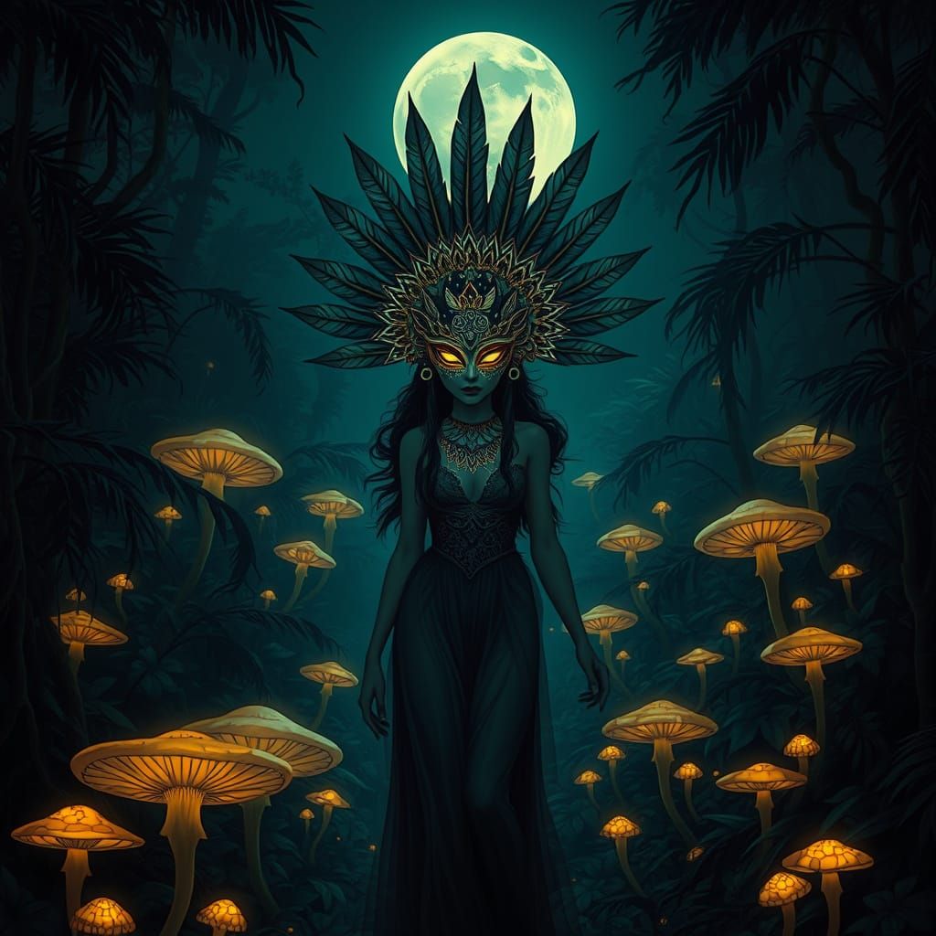 Mysterious Woman in Bioluminescent Mask, Art Nouveau Style