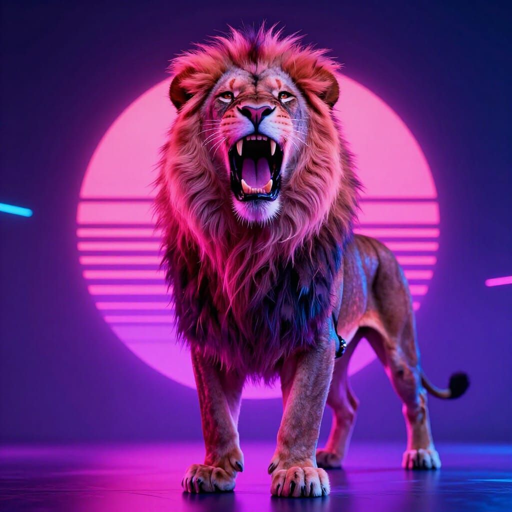 Synthwave Neon Lion Roaring in Vibrant Colors