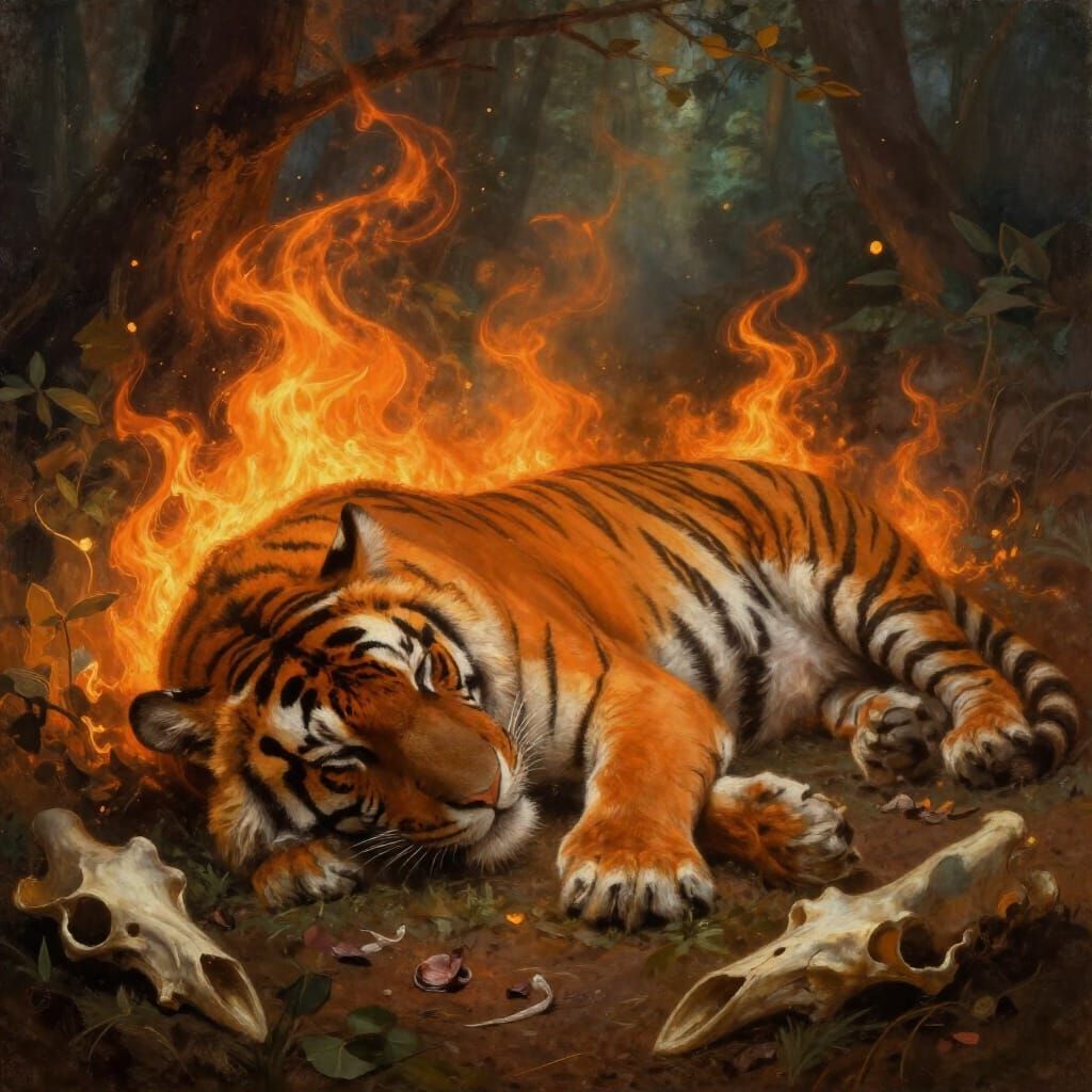 Surreal Tiger Sleeping in Fiery Forest